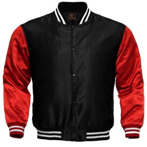 Letterman Jacket Baseball Jacket College Varsity Jacket Sports Wear Black Red Satin