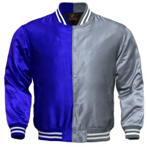 Letterman Jacket Baseball Jacket College Varsity Jacket Sports Wear Silver Royal Blue Satin