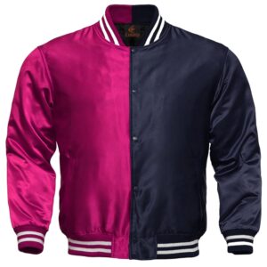 Letterman Jacket Baseball Jacket College Varsity Jacket Sports Wear Navy Blue Hot Pink Satin