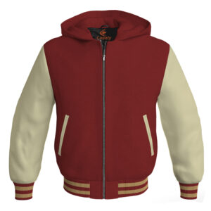 Bomber Hoodie Jacket Varsity Jacket Letterman Jacket Baseball Jacket Maroon Body and Cream Leather Sleeves