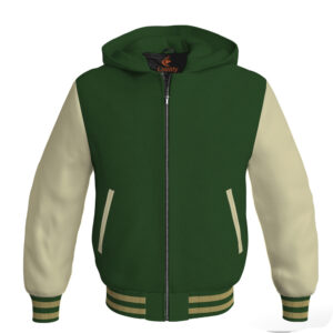 Bomber Hoodie Jacket Varsity Jacket Letterman Jacket Baseball Jacket Forest Green Body and Cream Leather Sleeves