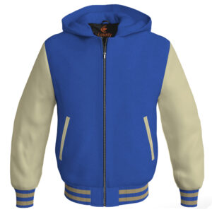 Bomber Hoodie Jacket Varsity Jacket Letterman Jacket Baseball Jacket Royal Blue Body and Cream Leather Sleeves