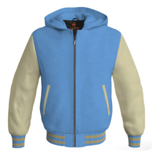 Bomber Hoodie Jacket Varsity Jacket Letterman Jacket Baseball Jacket Sky Blue Body and Cream Leather Sleeves