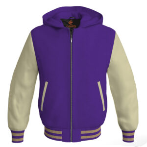 Bomber Hoodie Jacket Varsity Jacket Letterman Jacket Baseball Jacket Purple Body and Cream Leather Sleeves
