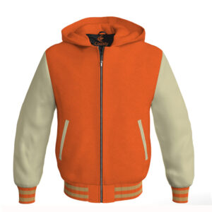 Bomber Hoodie Jacket Varsity Jacket Letterman Jacket Baseball Jacket Orange Body and Cream Leather Sleeves