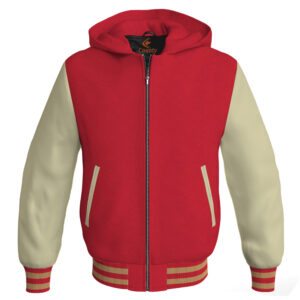 Bomber Hoodie Jacket Varsity Jacket Letterman Jacket Baseball Jacket Red Body and Cream Leather Sleeves