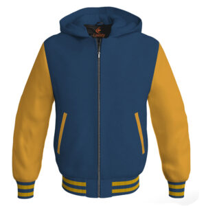 Bomber Hoodie Jacket Varsity Jacket Letterman Jacket Baseball Jacket Navy Blue Body and Golden Leather Sleeves