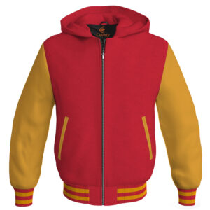Bomber Hoodie Jacket Varsity Jacket Letterman Jacket Baseball Jacket Red Body and Golden Leather Sleeves