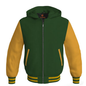Bomber Hoodie Jacket Varsity Jacket Letterman Jacket Baseball Jacket Forest Green Body and Golden Leather Sleeves