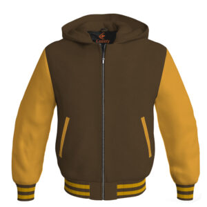 Bomber Hoodie Jacket Varsity Jacket Letterman Jacket Baseball Jacket Brown Body and Golden Leather Sleeves