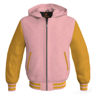 Bomber Hoodie Jacket Varsity Jacket Letterman Jacket Baseball Jacket Pink Body and Golden Leather Sleeves