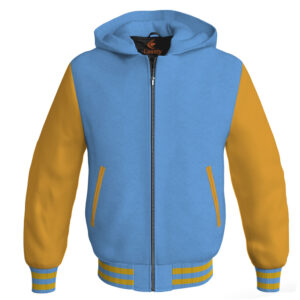 Bomber Hoodie Jacket Varsity Jacket Letterman Jacket Baseball Jacket Sky Blue Body and Golden Leather Sleeves