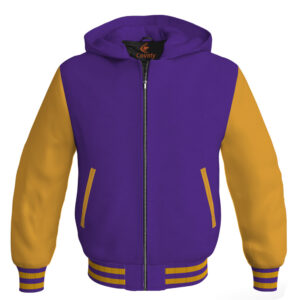 Bomber Hoodie Jacket Varsity Jacket Letterman Jacket Baseball Jacket Purple Body and Golden Leather Sleeves