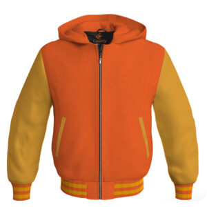 Bomber Hoodie Jacket Varsity Jacket Letterman Jacket Baseball Jacket Orange Body and Golden Leather Sleeves