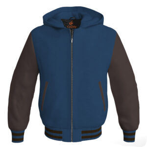 Bomber Hoodie Jacket Varsity Jacket Letterman Jacket Baseball Jacket Navy Blue Body and Brown Leather Sleeves