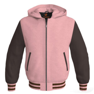Bomber Hoodie Jacket Varsity Jacket Letterman Jacket Baseball Jacket Pink Body and Brown Leather Sleeves