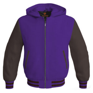 Bomber Hoodie Jacket Varsity Jacket Letterman Jacket Baseball Jacket Purple Body and Brown Leather Sleeves