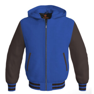 Bomber Hoodie Jacket Varsity Jacket Letterman Jacket Baseball Jacket Royal Blue Body and Brown Leather Sleeves