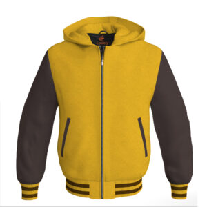 Bomber Hoodie Jacket Varsity Jacket Letterman Jacket Baseball Jacket Yellow/Gold Body and Brown Leather Sleeves