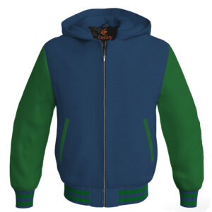 Bomber Hoodie Jacket Varsity Jacket Letterman Jacket Baseball Jacket Navy Blue Body and Green Leather Sleeves