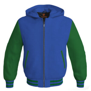Bomber Hoodie Jacket Varsity Jacket Letterman Jacket Baseball Jacket Royal Blue Body and Green Leather Sleeves