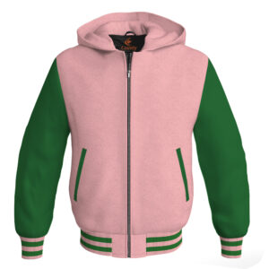 Bomber Hoodie Jacket Varsity Jacket Letterman Jacket Baseball Jacket Pink Body and Green Leather Sleeves