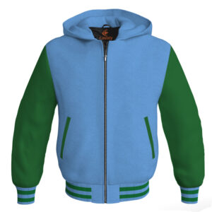 Bomber Hoodie Jacket Varsity Jacket Letterman Jacket Baseball Jacket Sky Blue Body and Green Leather Sleeves