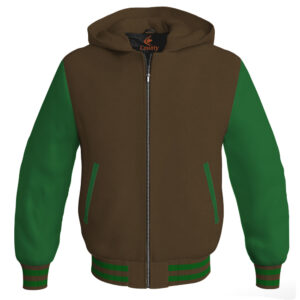 Bomber Hoodie Jacket Varsity Jacket Letterman Jacket Baseball Jacket Brown Body and Green Leather Sleeves