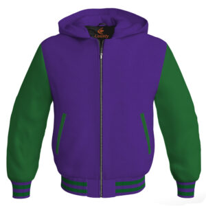 Bomber Hoodie Jacket Varsity Jacket Letterman Jacket Baseball Jacket Purple Body and Green Leather Sleeves