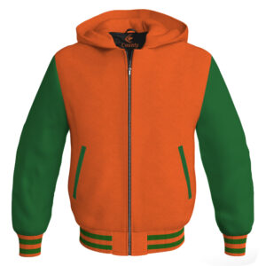 Bomber Hoodie Jacket Varsity Jacket Letterman Jacket Baseball Jacket Orange Body and Green Leather Sleeves