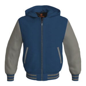 Bomber Hoodie Jacket Varsity Jacket Letterman Jacket Baseball Jacket Navy Blue Body and Gray Leather Sleeves