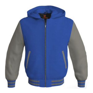 Bomber Hoodie Jacket Varsity Jacket Letterman Jacket Baseball Jacket Royal Blue Body and Gray Leather Sleeves