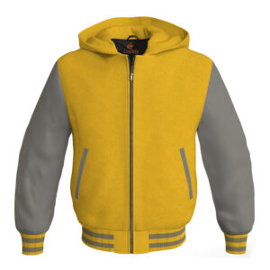 Bomber Hoodie Jacket Varsity Jacket Letterman Jacket Baseball Jacket Yellow/Gold Body and Gray Leather Sleeves