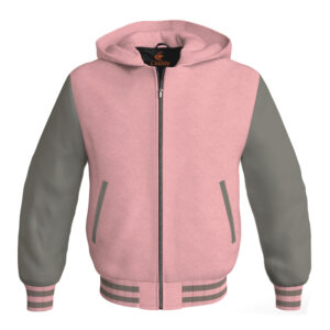 Bomber Hoodie Jacket Varsity Jacket Letterman Jacket Baseball Jacket Pink Body and Gray Leather Sleeves