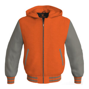 Bomber Hoodie Jacket Varsity Jacket Letterman Jacket Baseball Jacket Orange Body and Gray Leather Sleeves