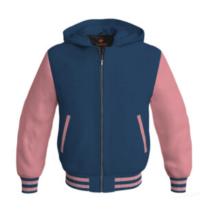 Bomber Hoodie Jacket Varsity Jacket Letterman Jacket Baseball Jacket Navy Blue Body and Pink Leather Sleeves