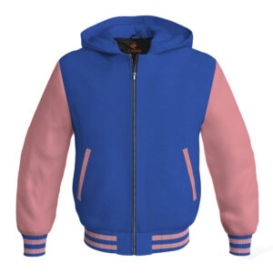 Bomber Hoodie Jacket Varsity Jacket Letterman Jacket Baseball Jacket Royal Blue Body and Pink Leather Sleeves