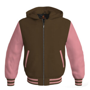 Bomber Hoodie Jacket Varsity Jacket Letterman Jacket Baseball Jacket Brown Body and Pink Leather Sleeves