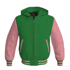 Bomber Hoodie Jacket Varsity Jacket Letterman Jacket Baseball Jacket Green Body and Pink Leather Sleeves