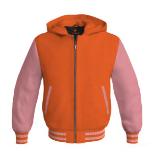 Bomber Hoodie Jacket Varsity Jacket Letterman Jacket Baseball Jacket Orange Body and Pink Leather Sleeves