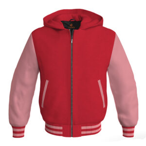 Bomber Hoodie Jacket Varsity Jacket Letterman Jacket Baseball Jacket Red Body and Pink Leather Sleeves