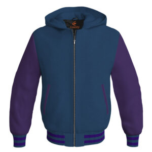 Bomber Hoodie Jacket Varsity Jacket Letterman Jacket Baseball Jacket Navy Blue Body and Purple Leather Sleeves