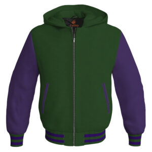 Bomber Hoodie Jacket Varsity Jacket Letterman Jacket Baseball Jacket Forest Green Body and Purple Leather Sleeves