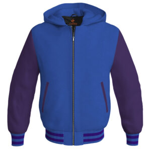 Bomber Hoodie Jacket Varsity Jacket Letterman Jacket Baseball Jacket Royal Blue Body and Purple Leather Sleeves