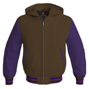 Bomber Hoodie Jacket Varsity Jacket Letterman Jacket Baseball Jacket Brown Body and Purple Leather Sleeves