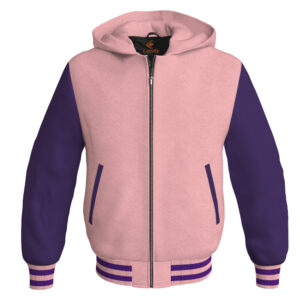 Bomber Hoodie Jacket Varsity Jacket Letterman Jacket Baseball Jacket Pink Body and Purple Leather Sleeves