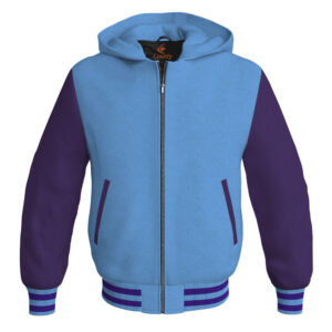 Bomber Hoodie Jacket Varsity Jacket Letterman Jacket Baseball Jacket Sky Blue Body and Purple Leather Sleeves