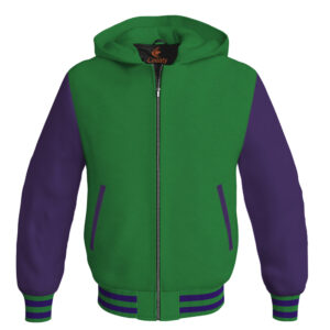Bomber Hoodie Jacket Varsity Jacket Letterman Jacket Baseball Jacket Green Body and Purple Leather Sleeves