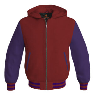 Bomber Hoodie Jacket Varsity Jacket Letterman Jacket Baseball Jacket Maroon Body and Purple Leather Sleeves
