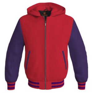 Bomber Hoodie Jacket Varsity Jacket Letterman Jacket Baseball Jacket Red Body and Purple Leather Sleeves
